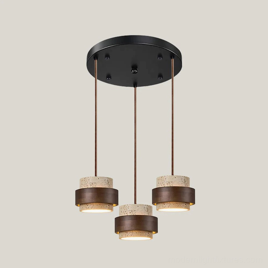 Three-head linear travertine pendant lamp yellow stone arrangement, extended dining installation