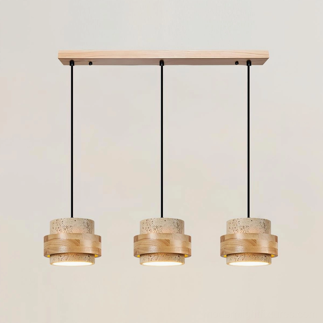 Three-head linear travertine pendant lamp yellow stone arrangement, extended pendant spacing configuration