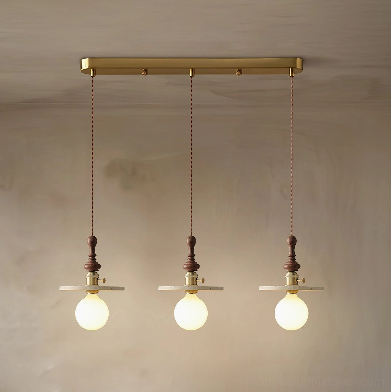 Three head Model A travertine pendant chandelier compact size Walnut Beige