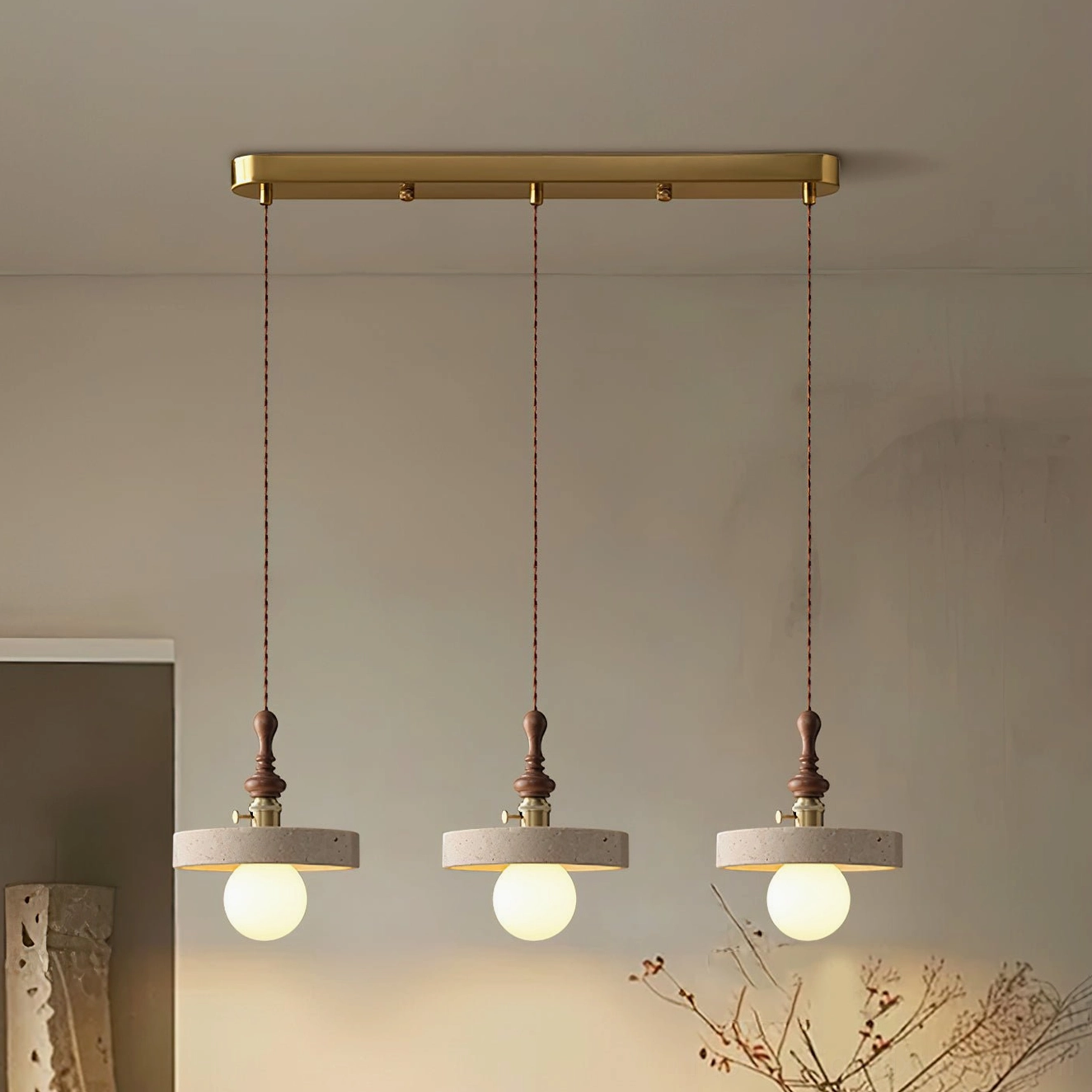 Three head Model B travertine pendant chandelier balanced proportions Walnut Beige