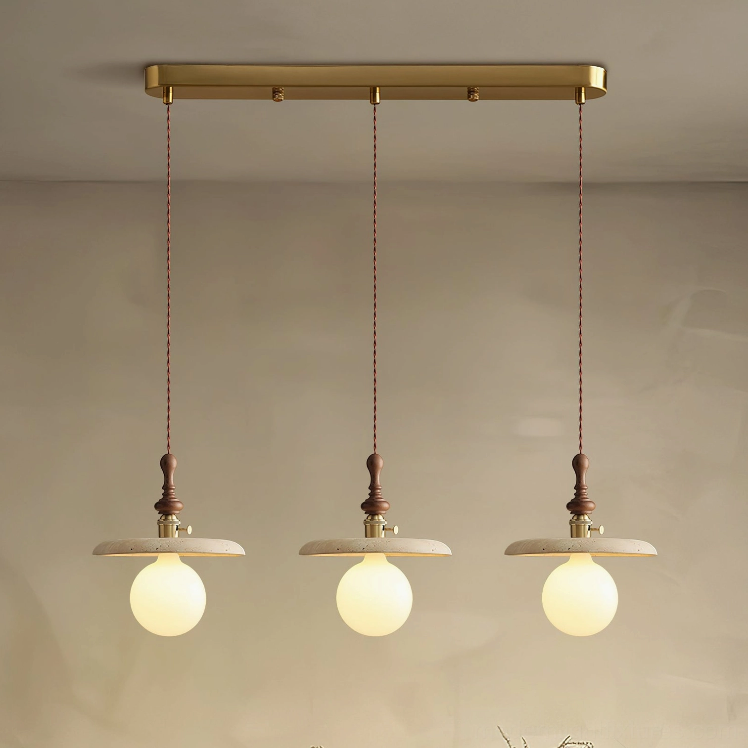 Three head Model C travertine pendant chandelier 70cm width Walnut Beige configuration