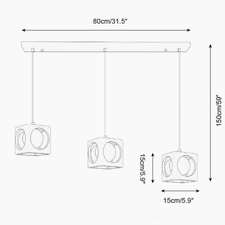 Three-head linear travertine pendant light set installation diagram with 80cm length and 150cm wire specifications