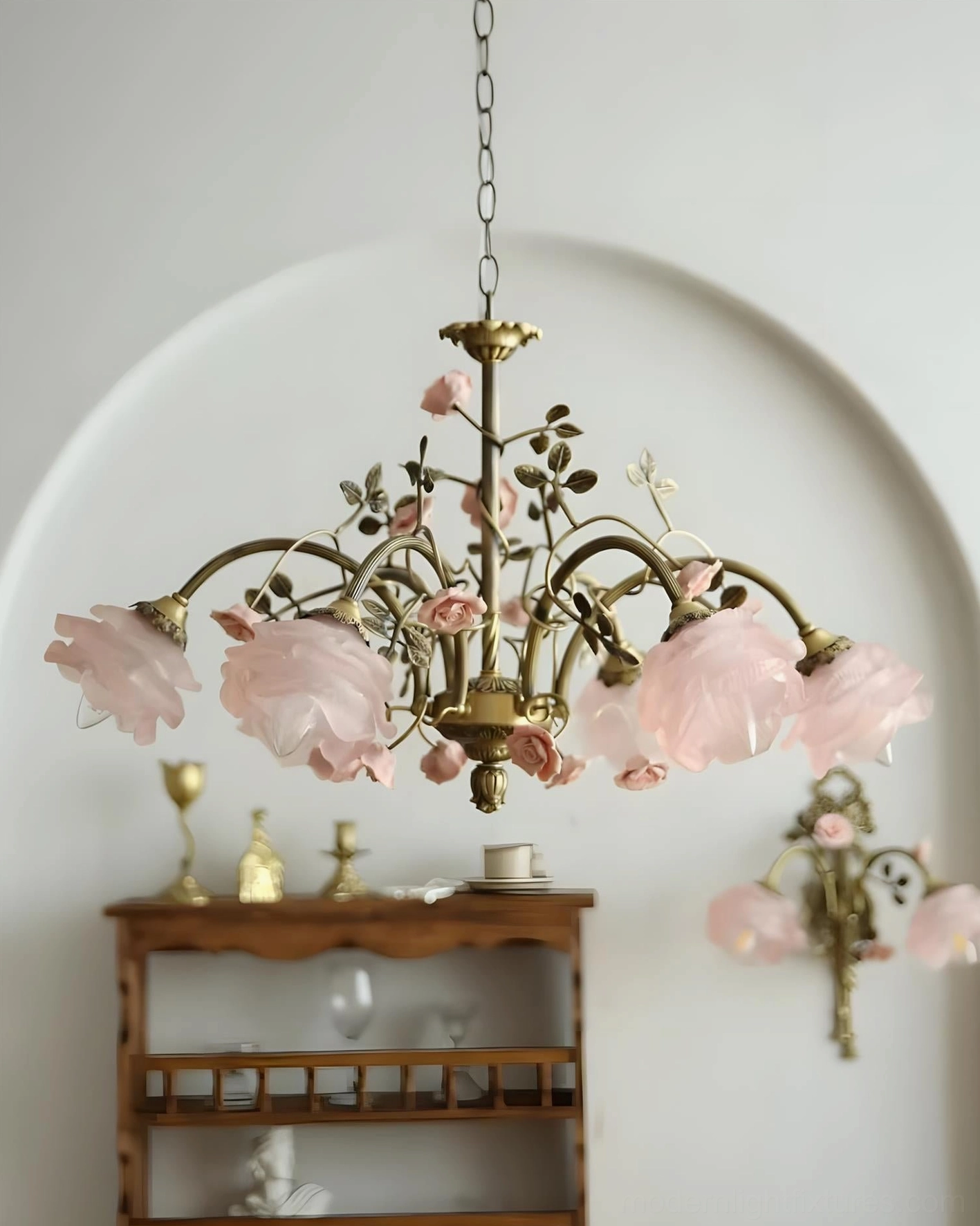 Three head romantic floral chandelier intimate size with blush pink glass botanical accents and curved antique brass frame