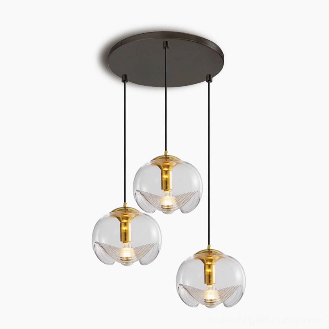 Three-head right asymmetrical pendant light with clear glass, 30cm compact design perfect for contemporary minimalist interiors