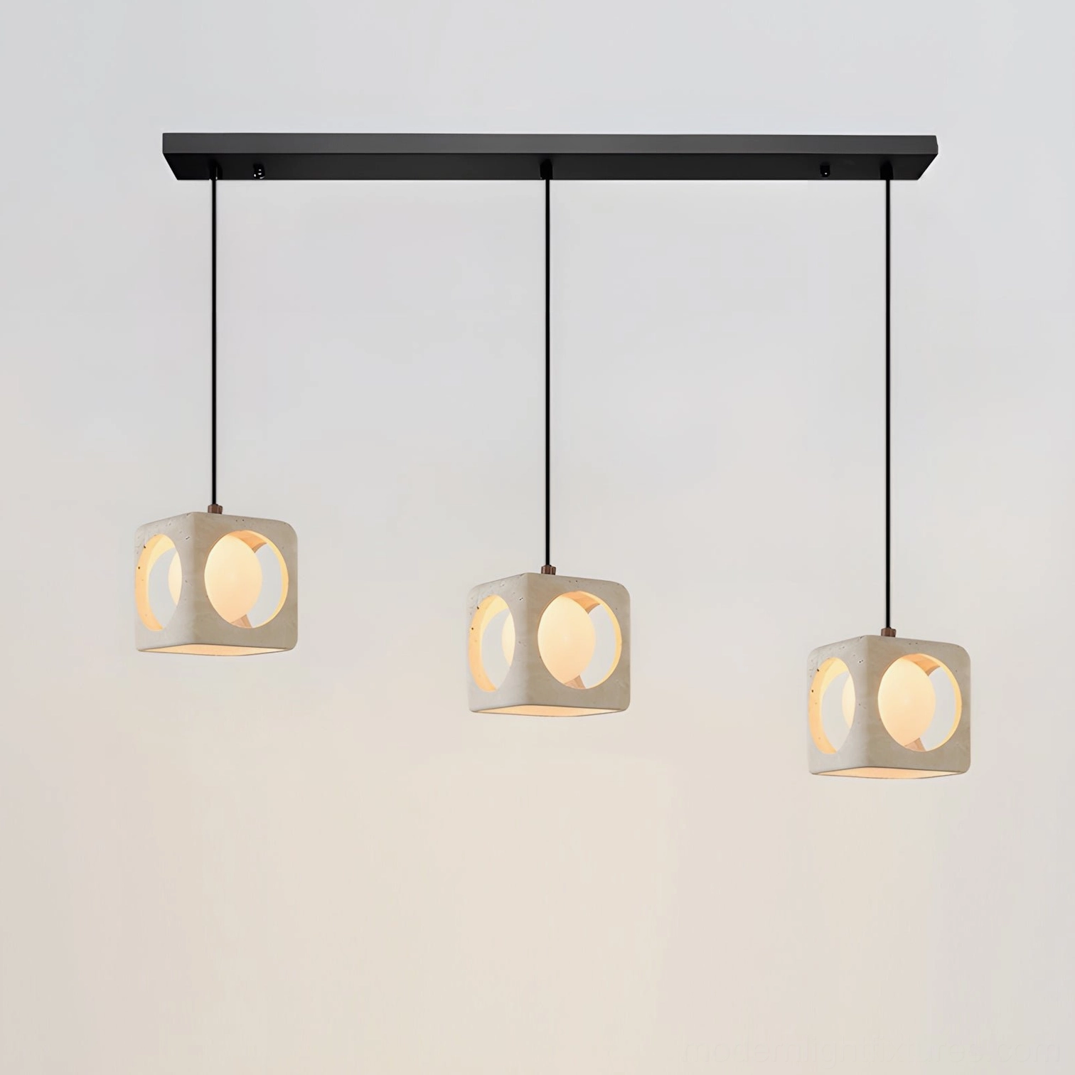 Three-head Hollowa travertine pendant light in Beige and White finish above kitchen counter