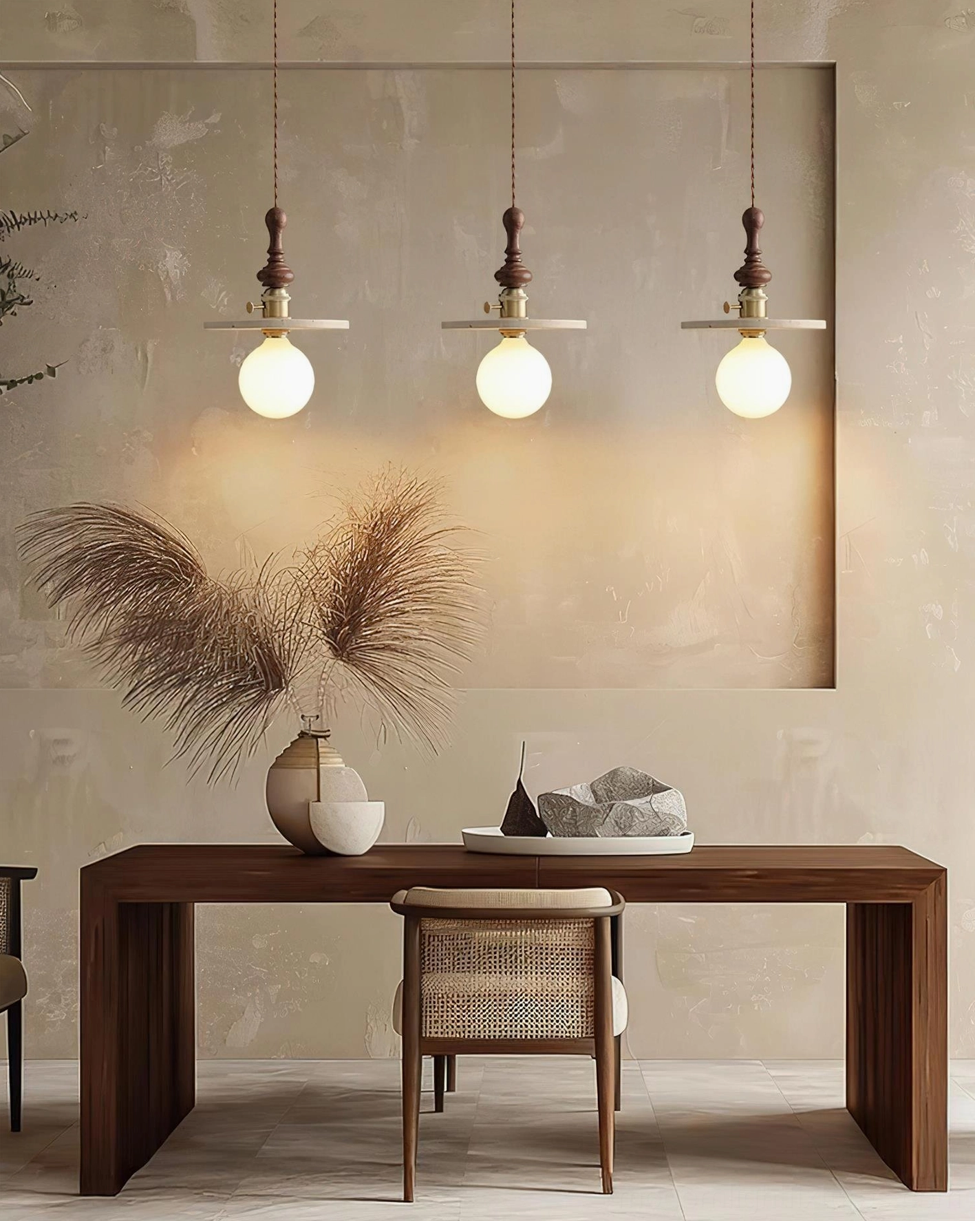 Three travertine pendant lights clustered above dining table in neutral interior space