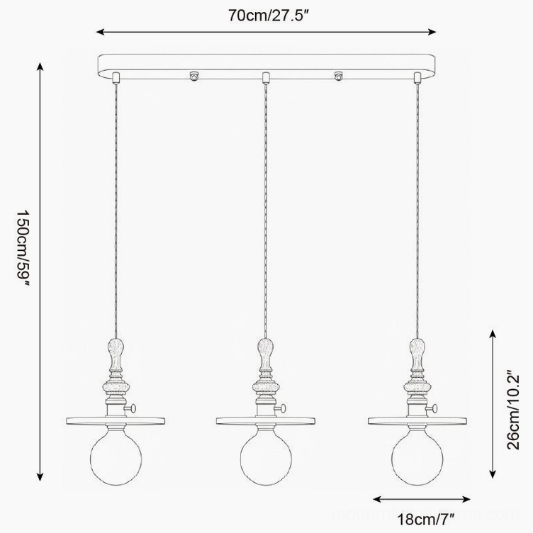 Three head travertine pendant chandelier technical drawing 70cm length 150cm height