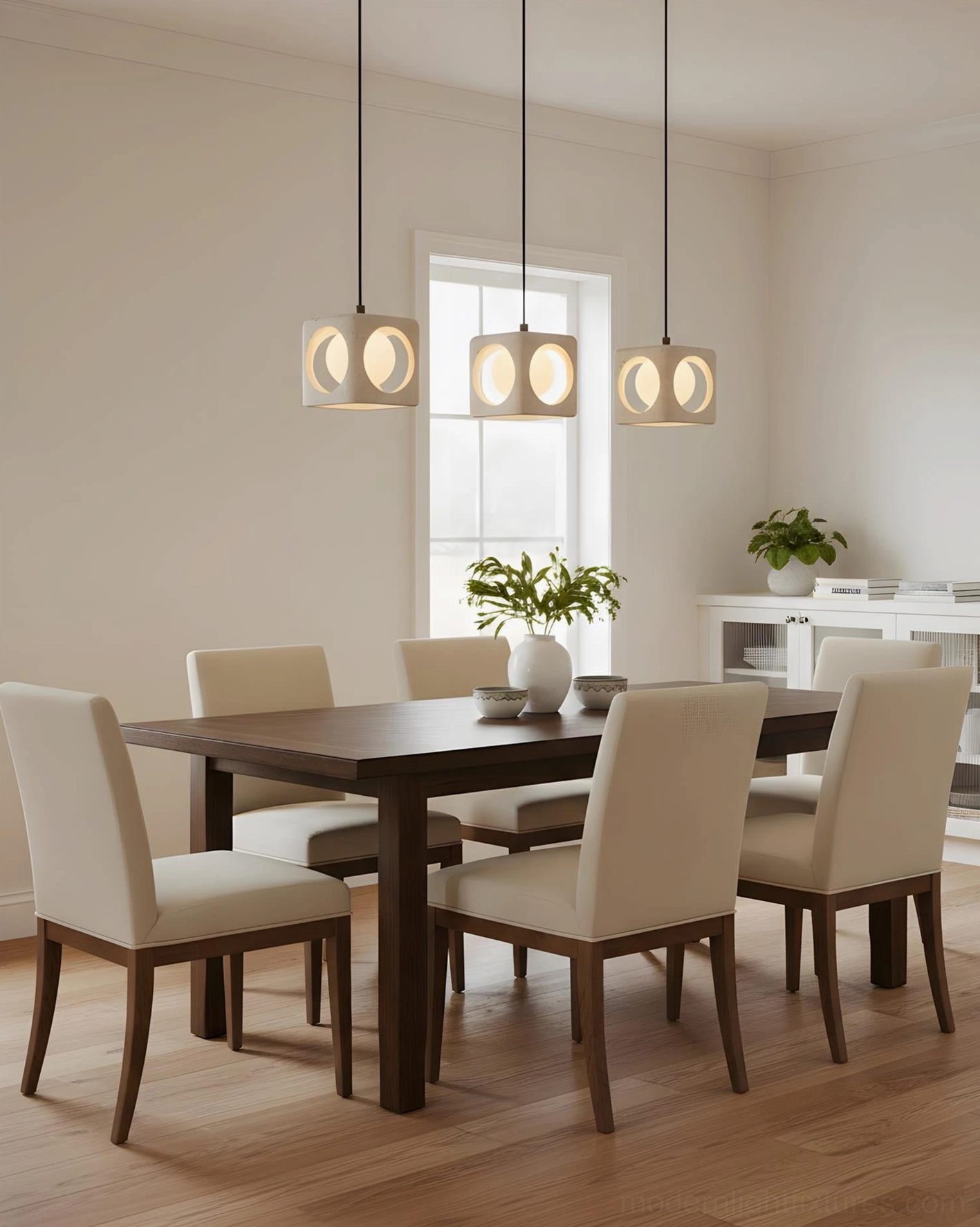 Three-head travertine geometric pendant light above dining table in contemporary family dining room