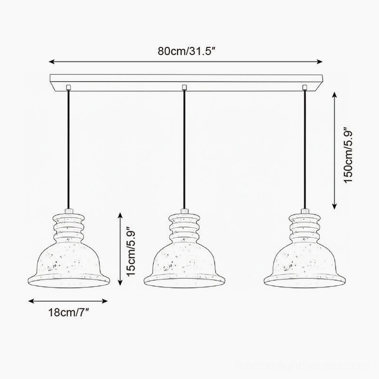 Installation guide schematic for 3-head travertine pendant chandelier showing L 80cm x H 150cm linear configuration with mounting points