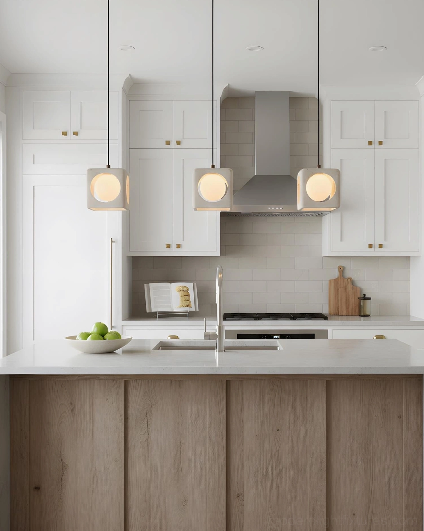 Linear three-head travertine geometric pendant light above kitchen range hood in modern contemporary home