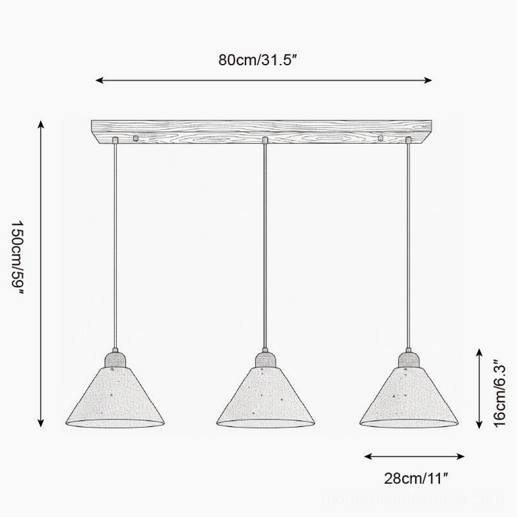 Three-head travertine pendant light technical drawing with 80cm bar length, 150cm hanging wire, and triple cone configuration specifications