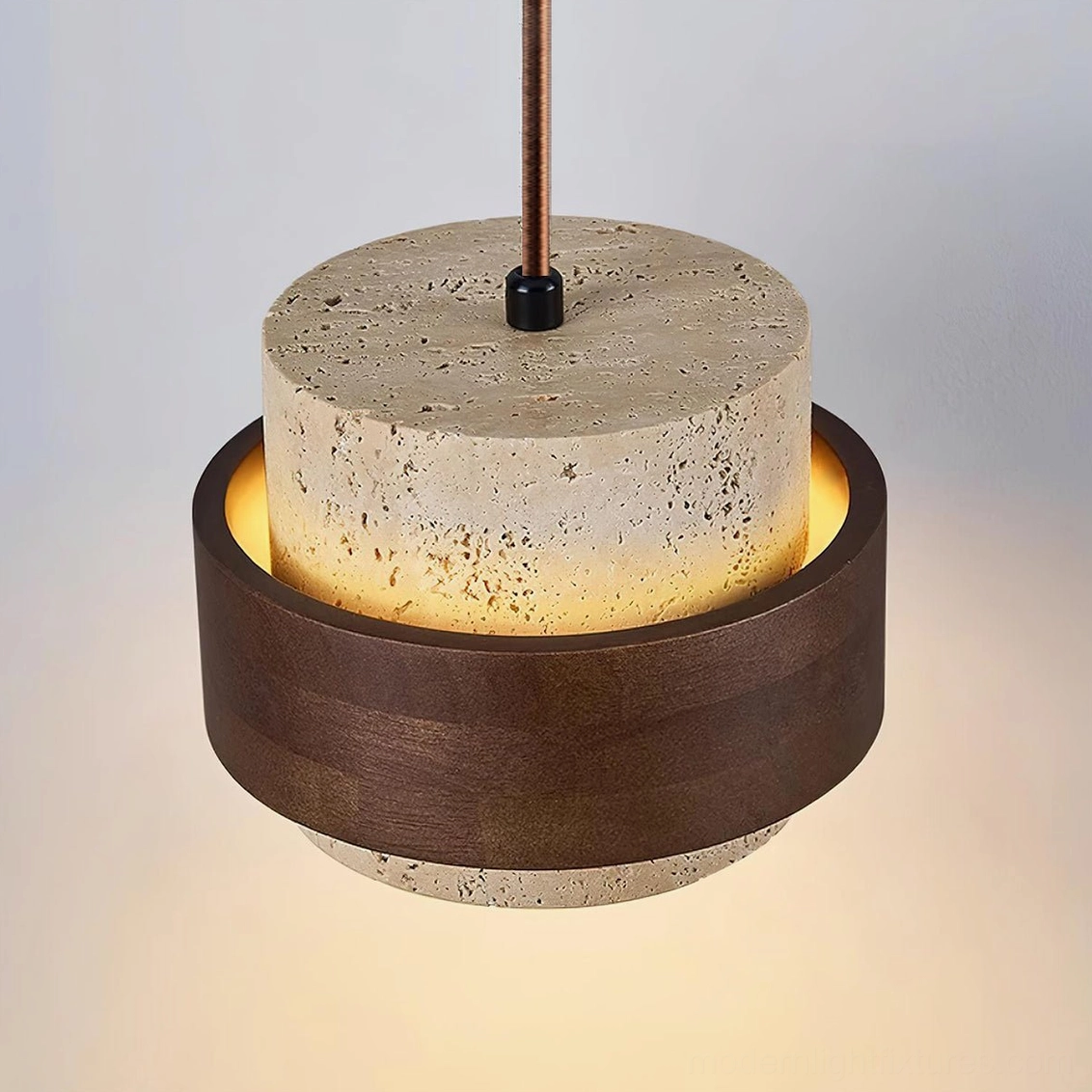 Three-head travertine pendant light circular cluster formation, showing geometric arrangement overhead