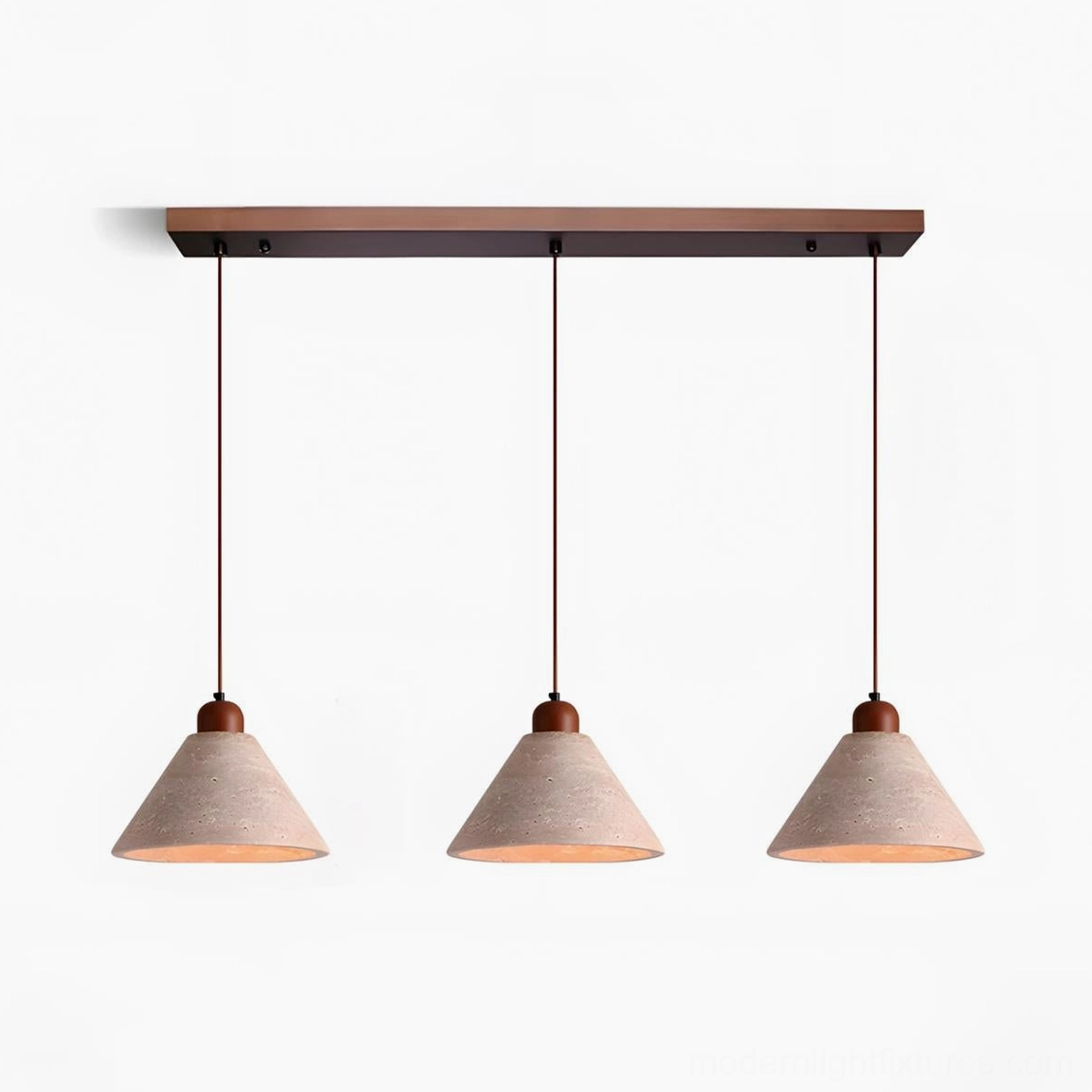 Three-head travertine pendant light fixture with three matching cone shades above kitchen island, showcasing multi-pendant modern lighting design