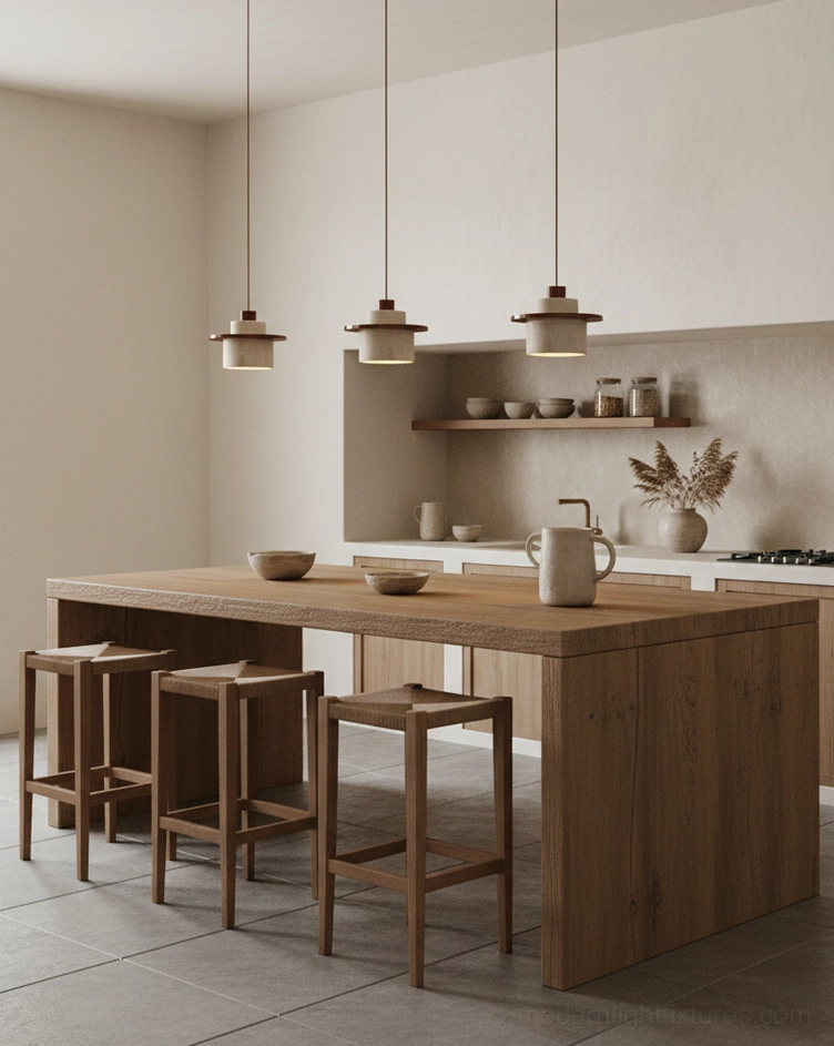 Three-head travertine pendant light system over kitchen island farmhouse style