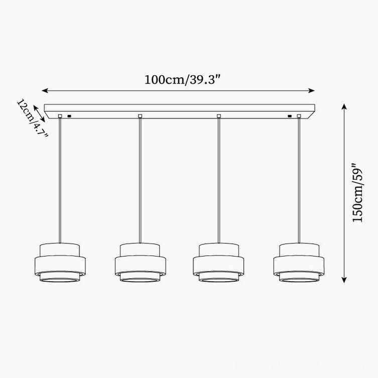 Three-head travertine pendant linear chandelier technical illustration with 80cm mounting bar and 150cm height specifications