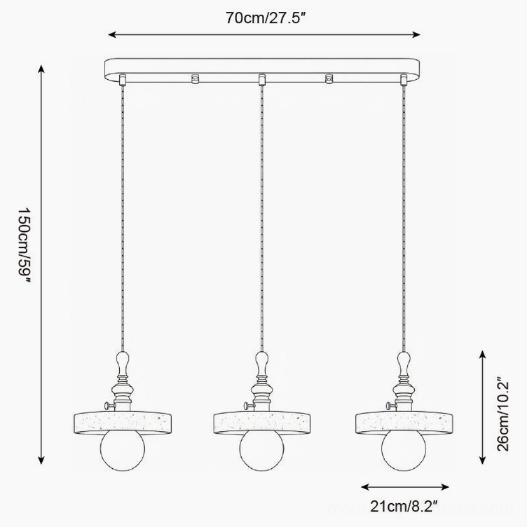 Three head medium travertine pendant chandelier technical specification diagram