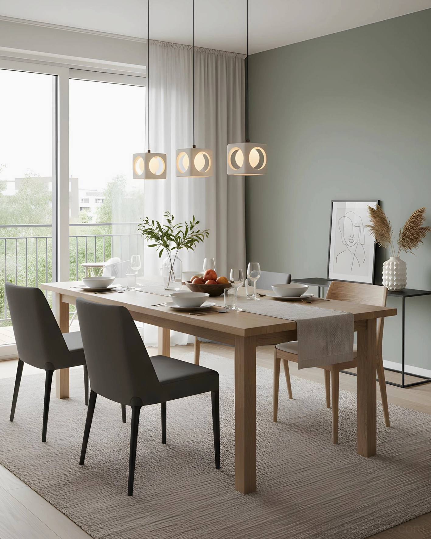 Three-head linear travertine pendant light set above long dining table in open-plan modern dining space
