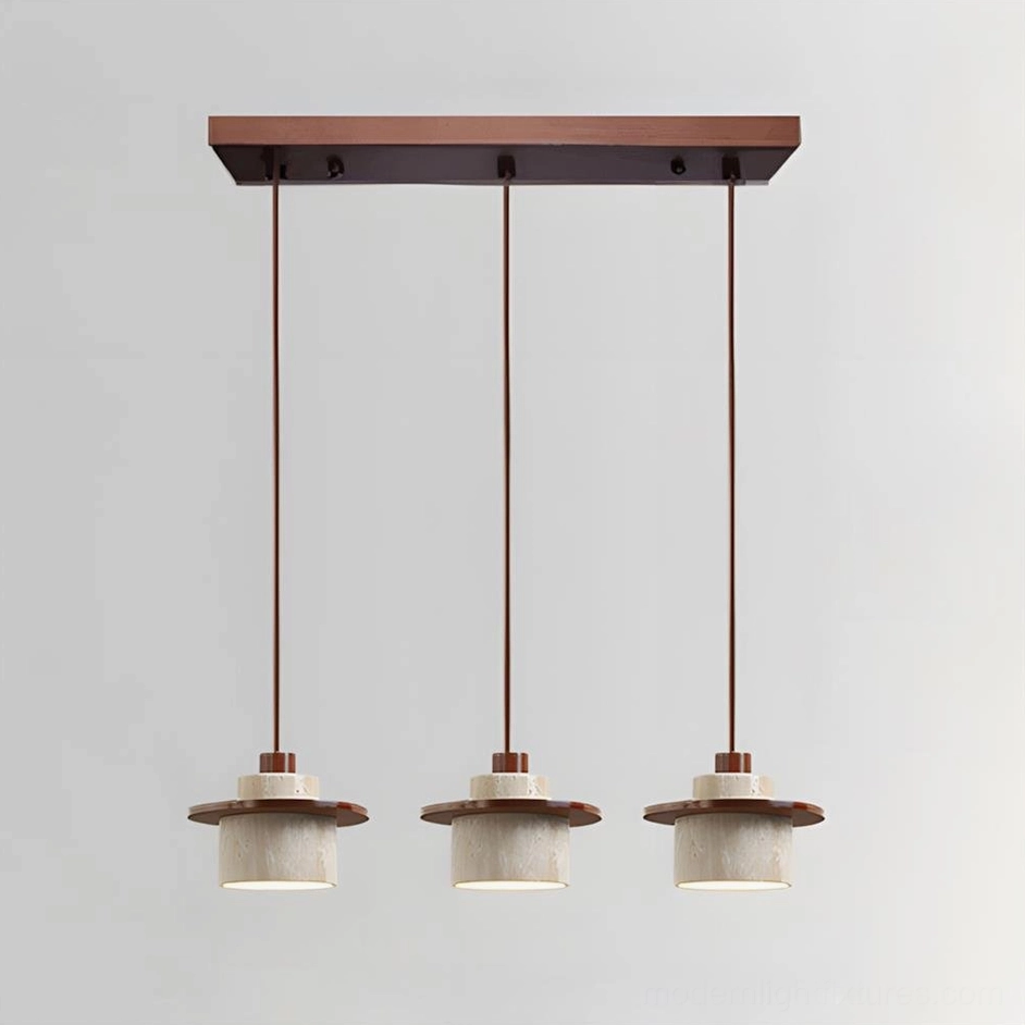 Three-head pendant light travertine walnut color beige stone dining setup