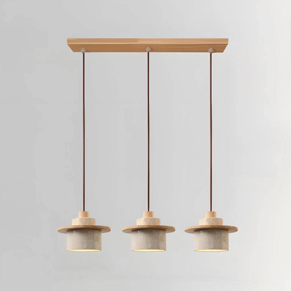 Three-head travertine pendant light wood color beige configuration kitchen