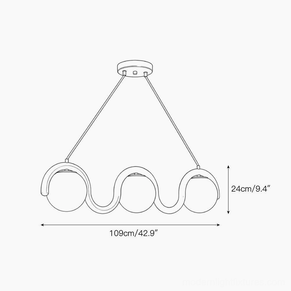 3-light linear wave pendant lamp technical schematic showing 109cm length and 24cm drop height