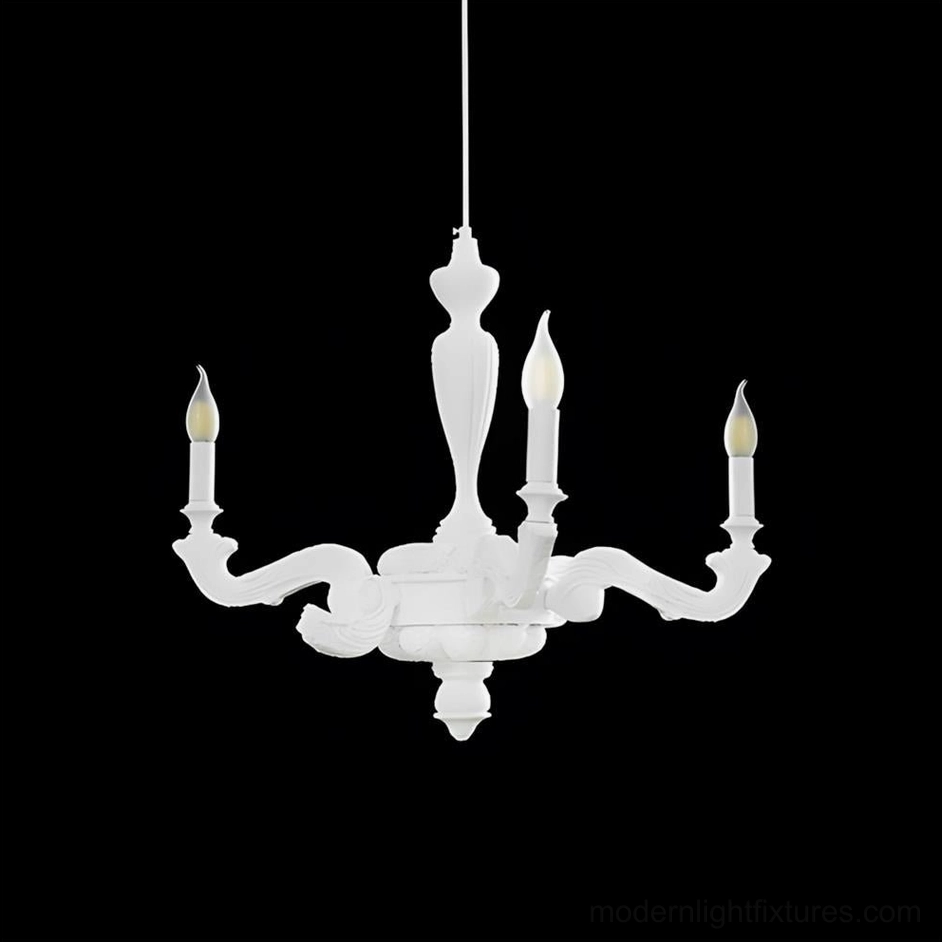 Three-head white Lvoria chandelier showing tapered central column and curved arms in neutral finish