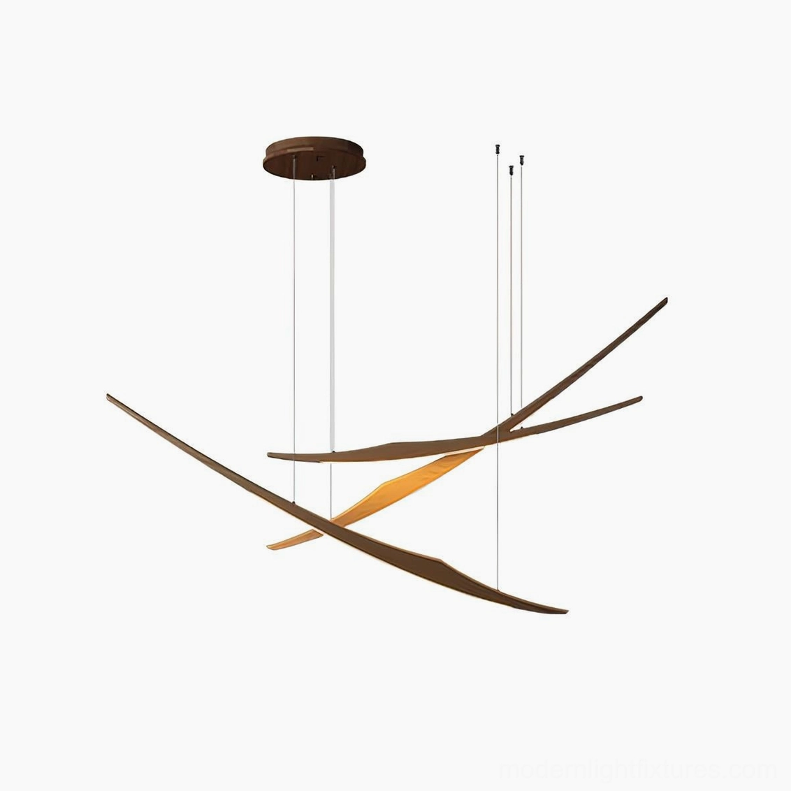 Three-head arc chandelier in natural wood color with integrated LED design