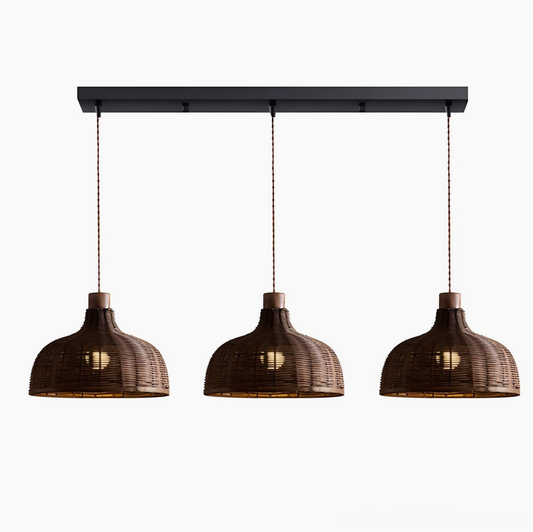 Three-light rattan pendant cluster with small dome bell shades on extended black metal bar