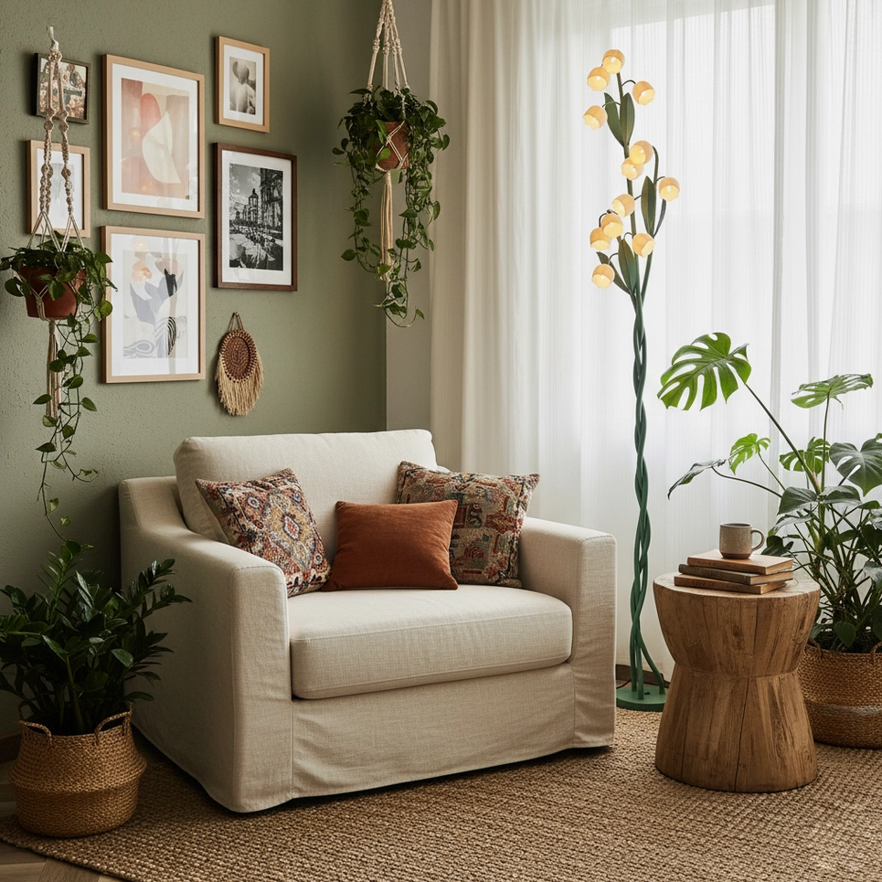 Yellow flower floor lamp variant in retro living room with glowing lamp heads, potted plants, and wall art decoration