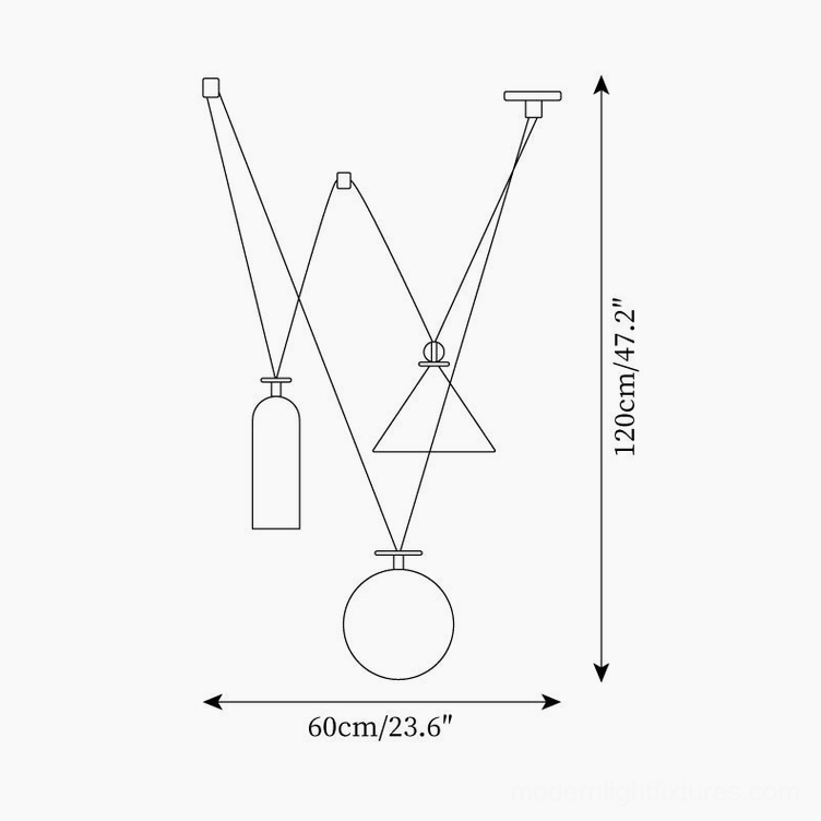 Three-piece geometric pendant chandelier technical schematic model F 23.6 inches wide by 47.2 inches tall installation