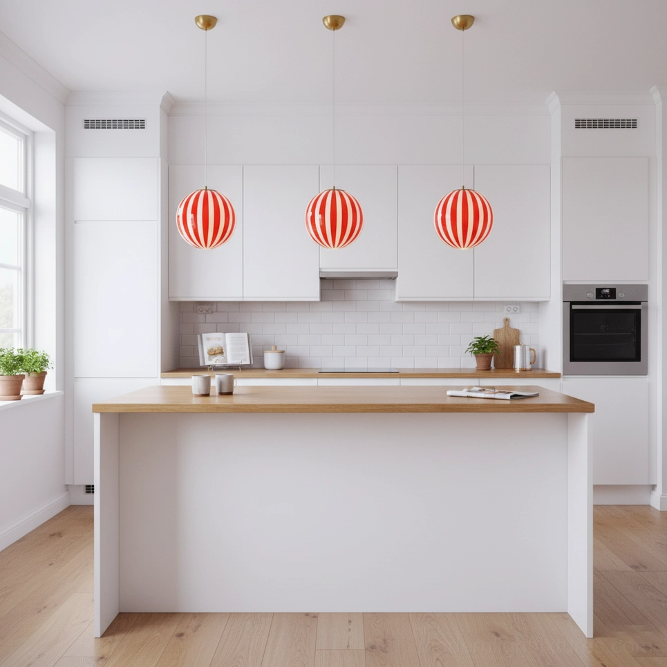 Three coordinated red striped spherical pendant lights in modern family kitchen above countertop