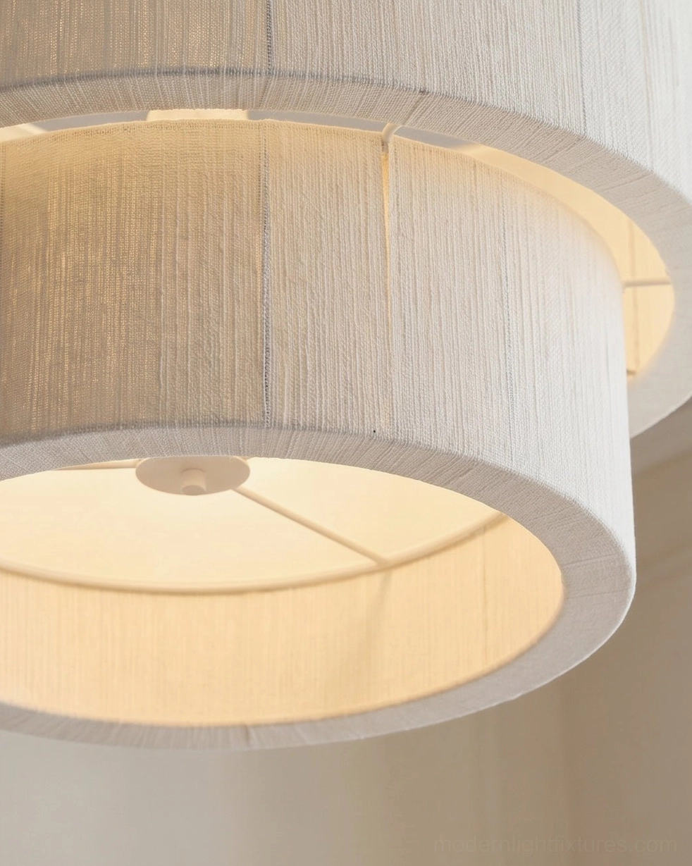 Lunessa cotton-thread drum pendant light available in three sizes: small 17.7 inch, medium 21.7 inch, large 25.6 inch, white iron frame