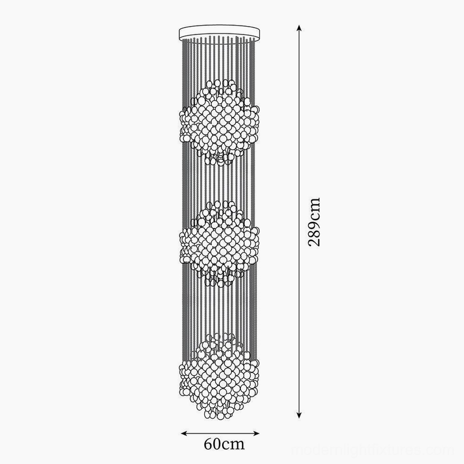 Three-stage shell chandelier technical documentation front orthographic view 60cm width 289cm height stacked spheres