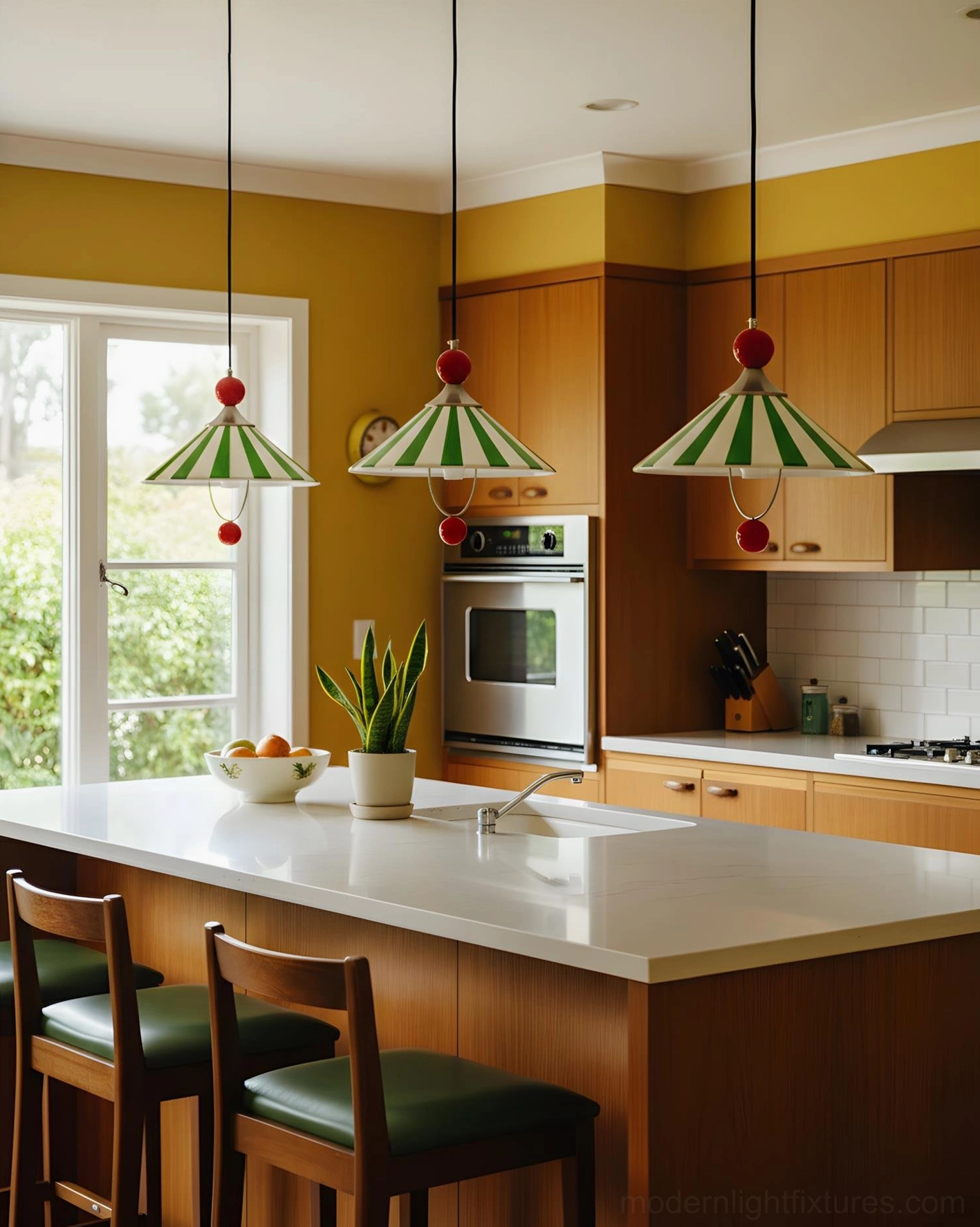 Triple retro pendant lights suspended over kitchen island with wooden cabinetry, residential kitchen pendant lighting