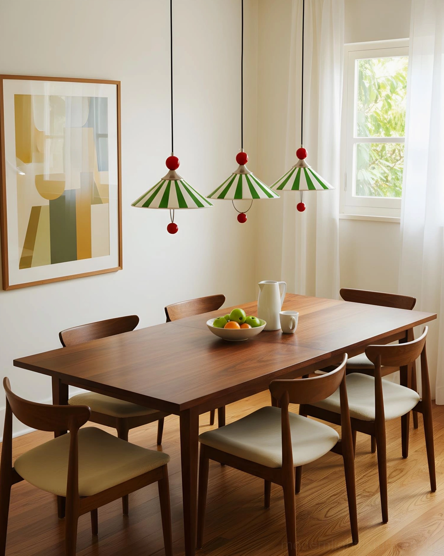 Trio of striped ceramic pendant fixtures above wooden dining table, contemporary mid-century home decor
