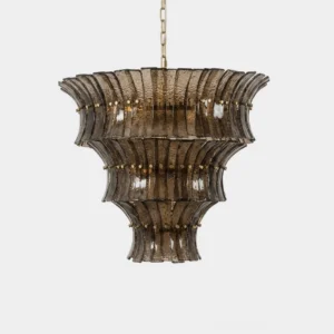 Three-tier cascading glass chandelier with curved textured blades, brass-tone iron frame, front studio view, Art Deco statement lighting fixture