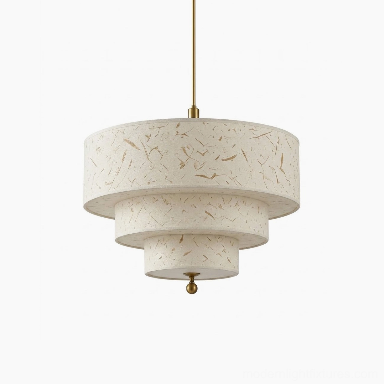 Handmade fiber paper pendant light side-front studio view, tiered drum shape, neutral beige finish, brass suspension components