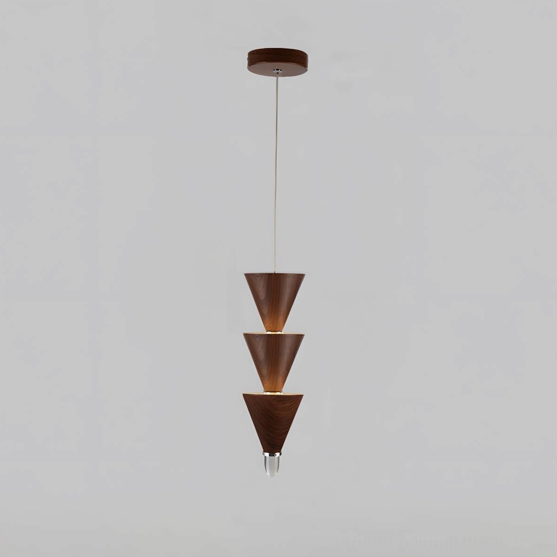 Three-tier stacked cone pendant light with walnut wood texture and integrated LED bands