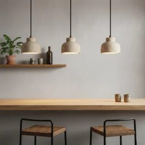 Set of three travertine pendant lights over minimalist rustic dining bar