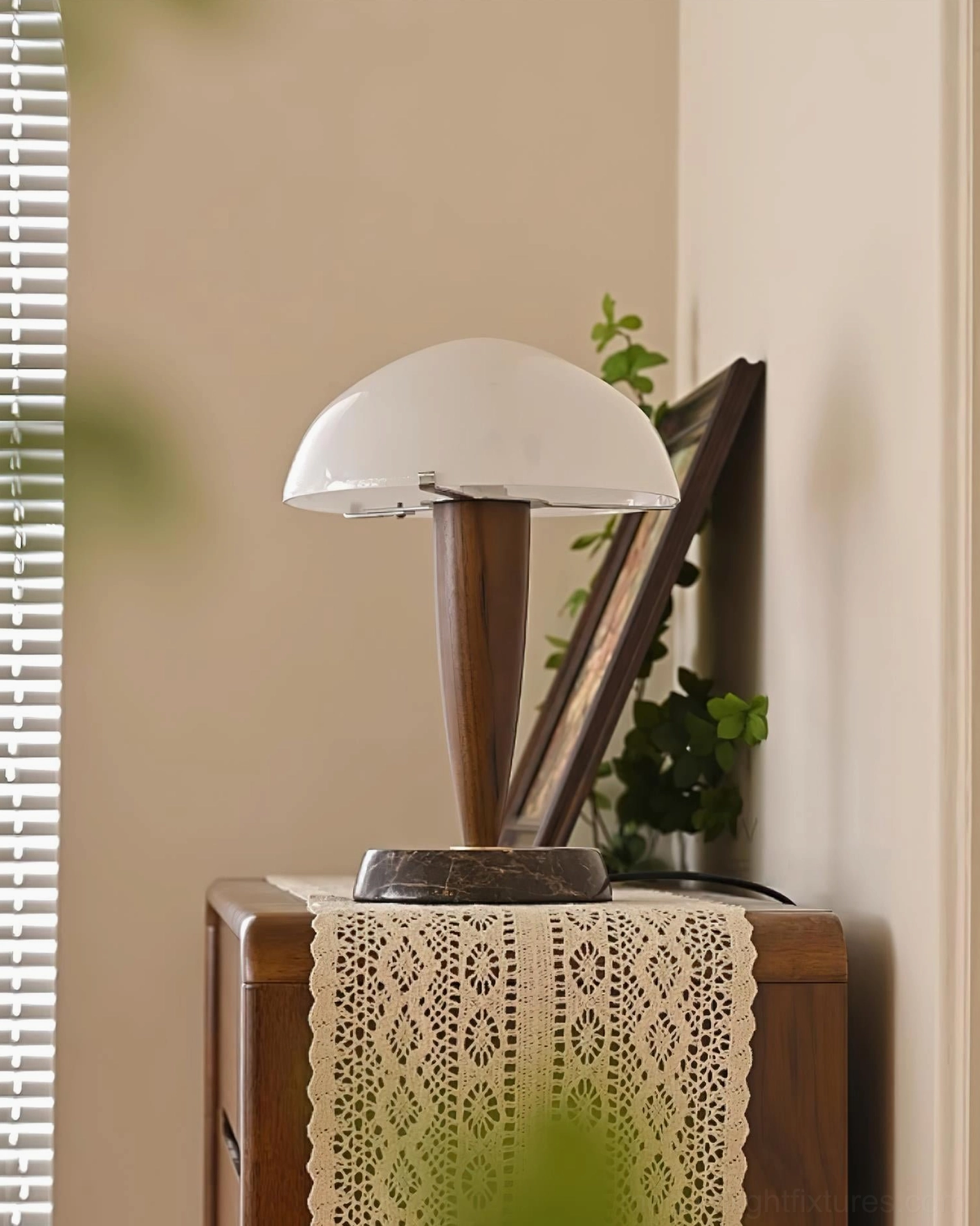 Tibby modern marble table lamp - walnut wood stem with frosted glass dome shade - alternative angle view