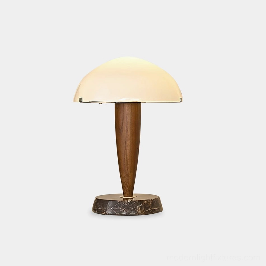 Tibby modern marble table lamp with walnut wood tapered stem and frosted glass dome shade on white studio background - front view