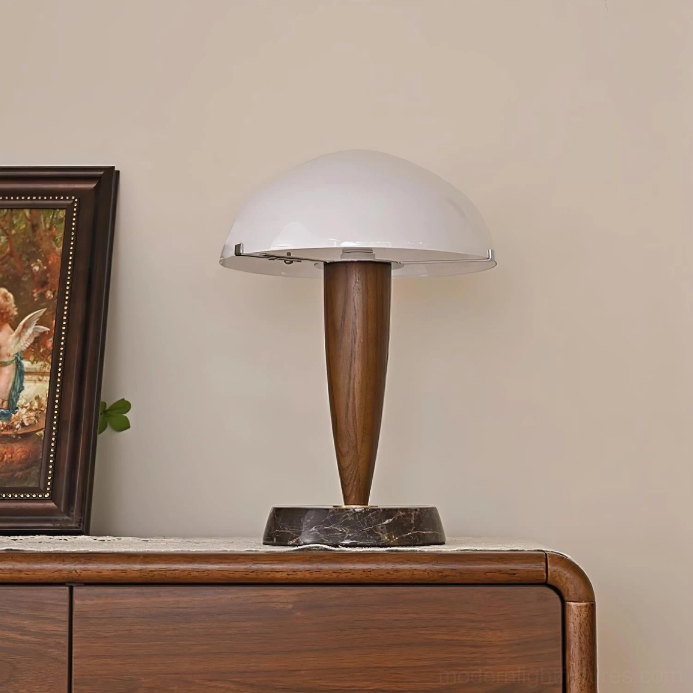 Tibby modern table lamp product showcase - walnut wood and marble base with frosted glass dome shade professional lighting