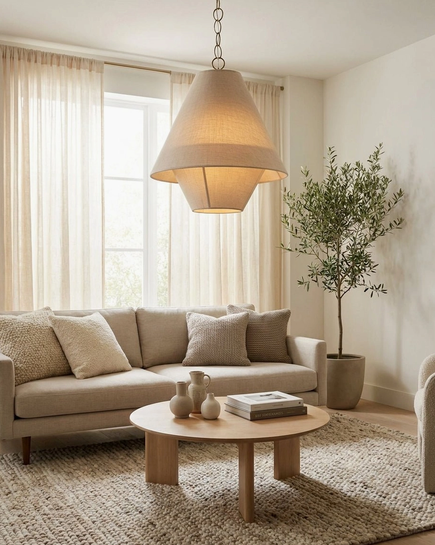 Tiera tiered fabric cone pendant light in modern living lounge, paired with sofa, coffee table and potted plant, warm neutral home