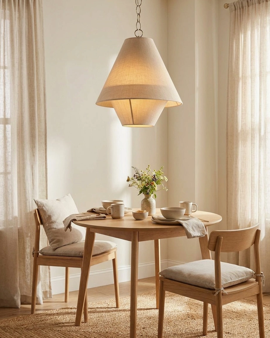 Tiera tiered fabric cone pendant light in small apartment dining area, above light wood dining set, cozy neutral decor
