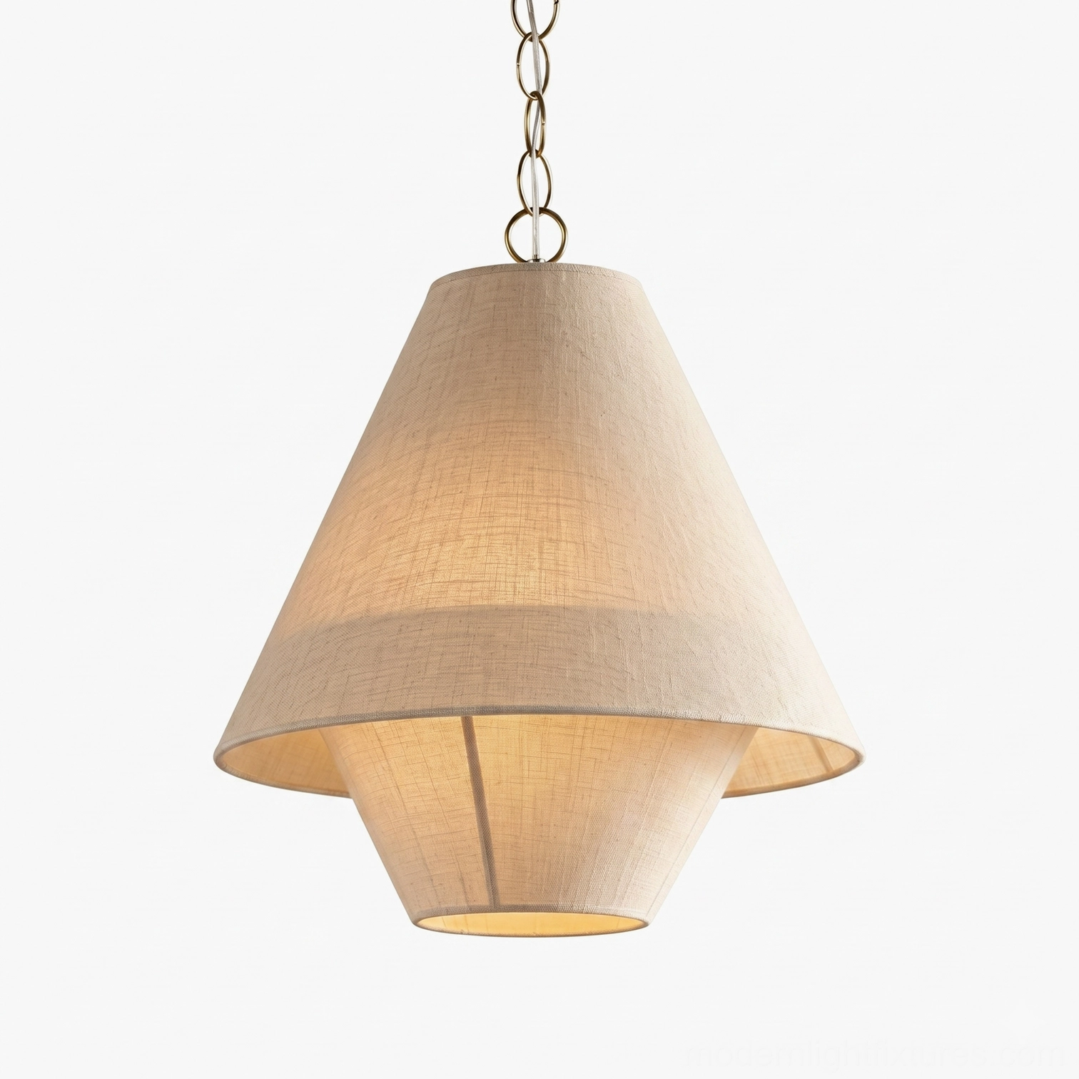 Tiera large tiered fabric cone pendant light, oversized studio close-up view with wider double-layer linen shade and brass chain