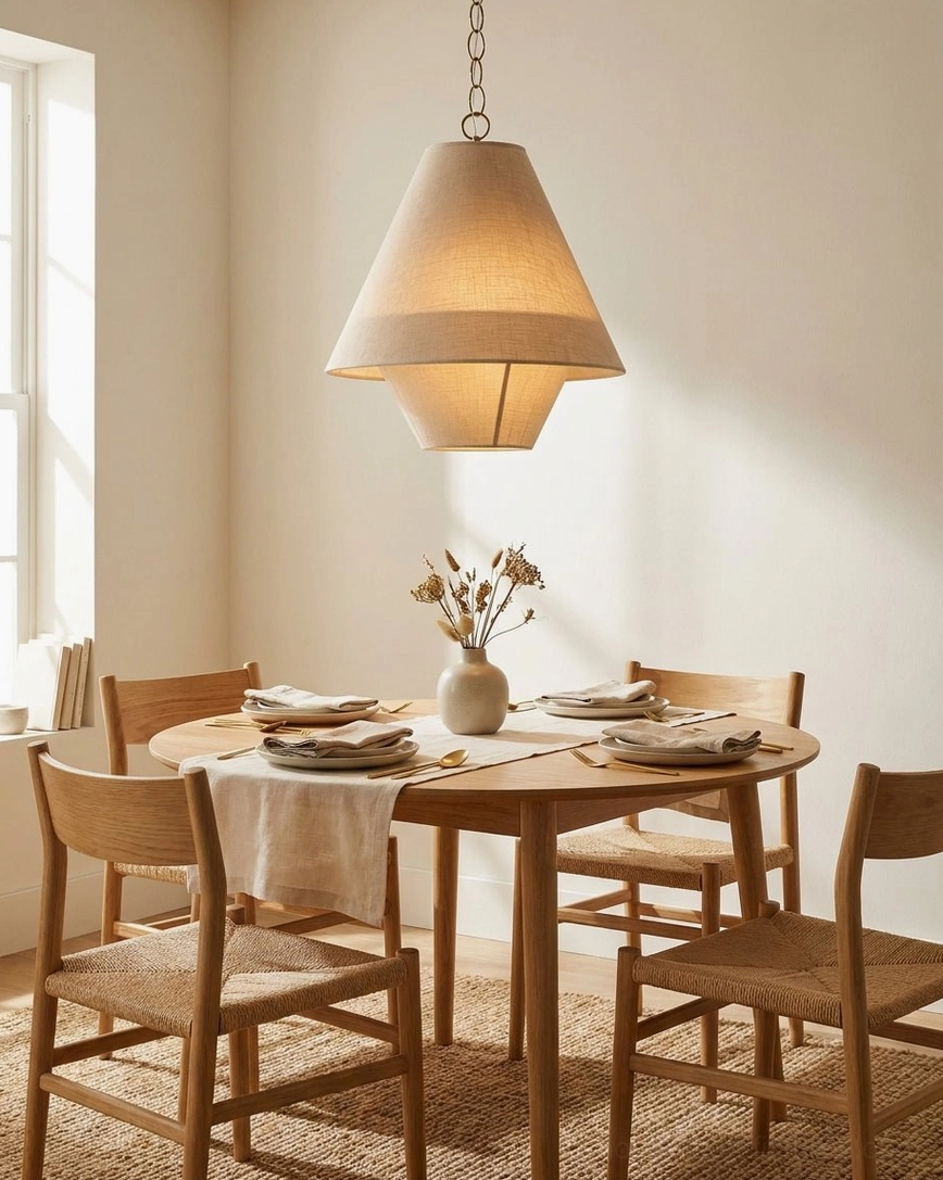 Tiera tiered linen pendant light above family dining room wooden table, eye-level view with warm ambient hanging lighting