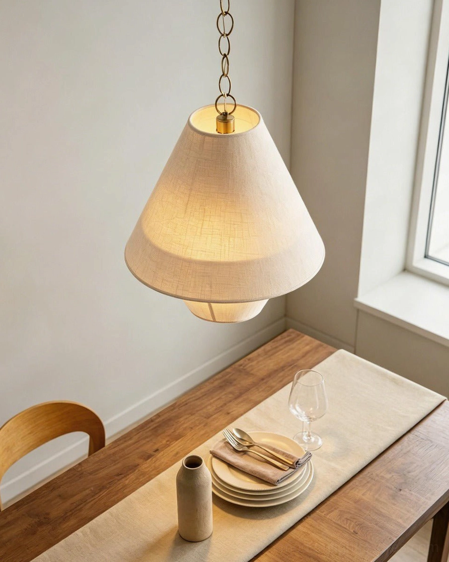 Tiera tiered linen pendant light hanging above wooden dining table, warm ambient indoor lighting scene