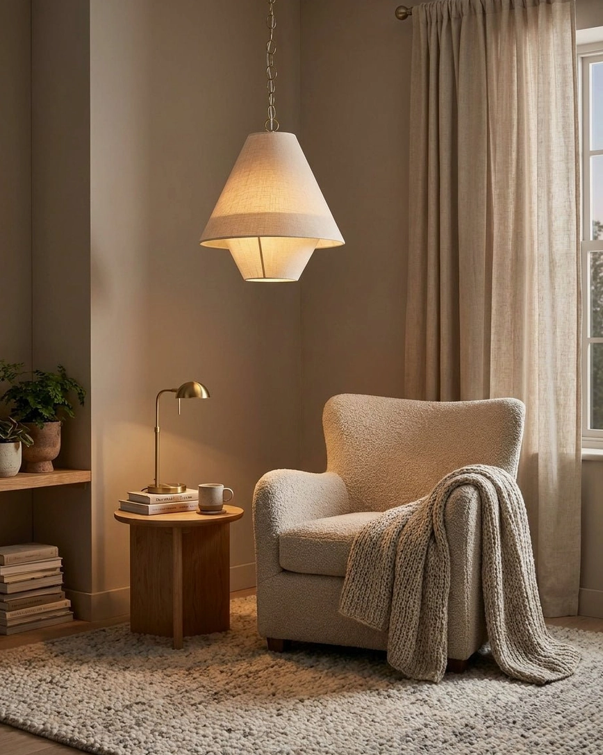 Tiera tiered linen pendant light in living room reading corner, paired with upholstered armchair and side table, rustic cozy style
