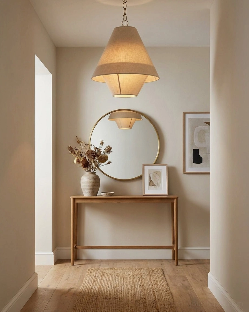 Tiera tiered pendant light in hallway entryway, above wooden console table with round wall mirror, minimalist elegant style