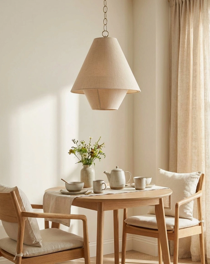 Tiera tiered pendant light at eye level in two-person dining corner, beige linen shade with warm natural home atmosphere