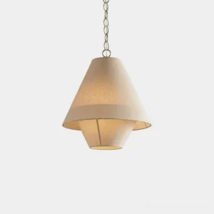 Tiera tiered pendant light with double-layer beige linen fabric cone shade and brass metal chain, studio front view on plain white background